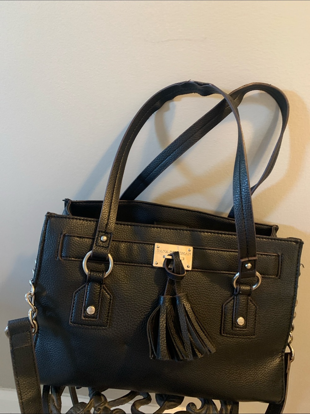 Dana Buchman Black Leather Tassel Shoulder Tote